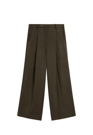 Wide-leg trousers in dark olive green, made of a textured fabric. Features front pleats and side pockets. Minimalist design with a structured waistband.