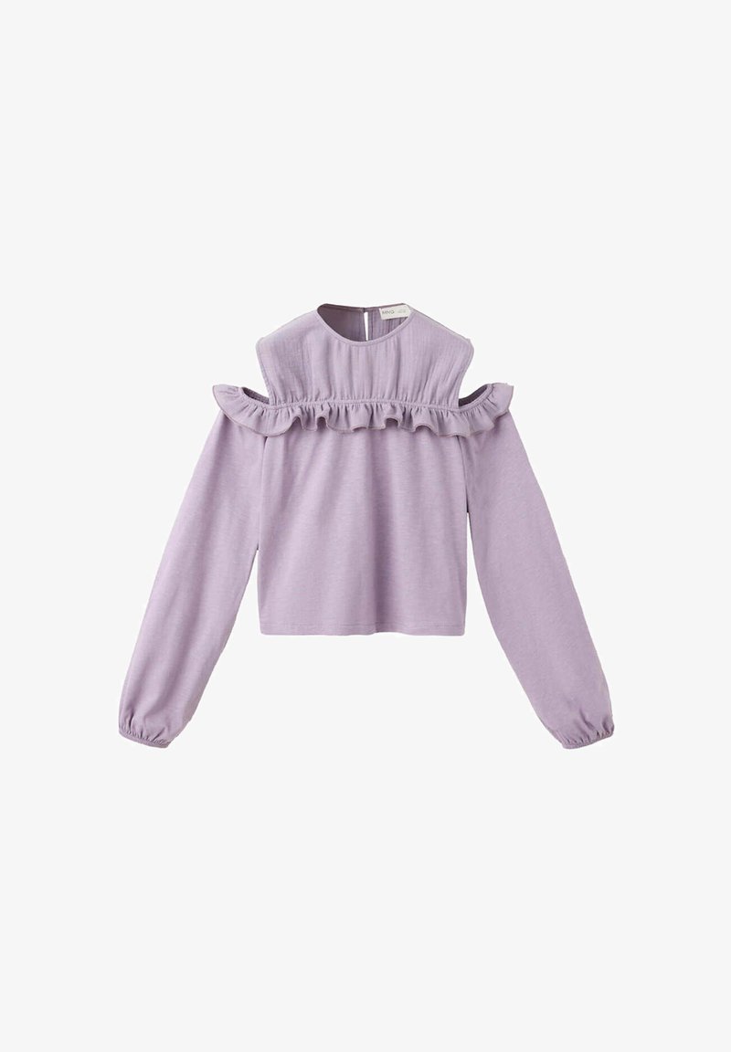 Blouse lilas à manches longues avec épaules dénudées, détail volanté sur la poitrine et poignets élastiques, petite fermeture à bouton dans le dos.