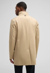 Beige jas met een hoge kraag, gemaakt van gladde stof. Heeft een rechte snit en minimale naden, gezien vanaf de achterkant.