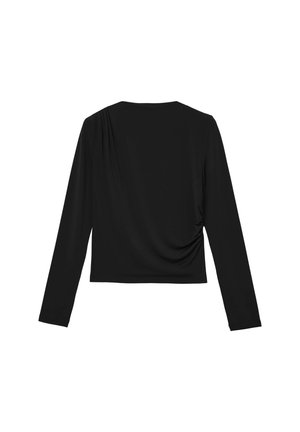 Top nero a maniche lunghe con una vestibilità comoda, caratterizzato da un tessuto drappeggiato su un lato e un collo rotondo, realizzato in materiale morbido e elasticizzato.