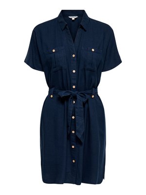 Tamsiai mėlyna trumpomis rankovėmis marškinių suknelė su priekinėmis sagomis, dviem krūtinės kišenėmis, apykakle ir rišamu audinio diržu ties juosmeniu.