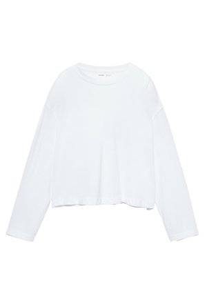 Langärmliges, weißes, kurz geschnittenes T-Shirt aus weichem Stoff, mit Rundhalsausschnitt und lockerer Passform sowie umgeschlagenen Ärmeln. Einfaches und sauberes Design.