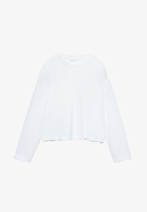 Langärmliges, weißes, kurz geschnittenes T-Shirt aus weichem Stoff, mit Rundhalsausschnitt und lockerer Passform sowie umgeschlagenen Ärmeln. Einfaches und sauberes Design.