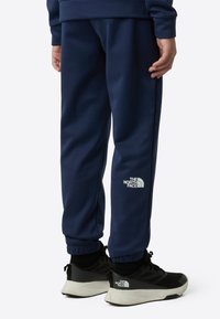 Navy jogger pants made of smooth fabric with elastic cuffs. Features the white "The North Face" logo on the side. Black sneakers with white accents.