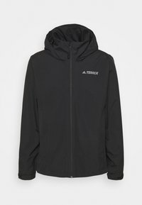 Mustapaitainen ulkoilutakki hupulla, jossa on edessä vetoketju ja "adidas TERREX" -logo vasemmassa rinnassa, pitkät hihat, joissa on säädettävät hihansuut.