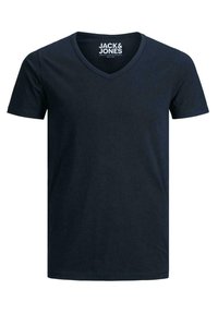 Navyfarbener Baumwoll-V-Ausschnitt-T-Shirt mit kurzen Ärmeln, das ein schlichtes Design aufweist und das "JACK & JONES"-Logo im Kragen gedruckt hat.