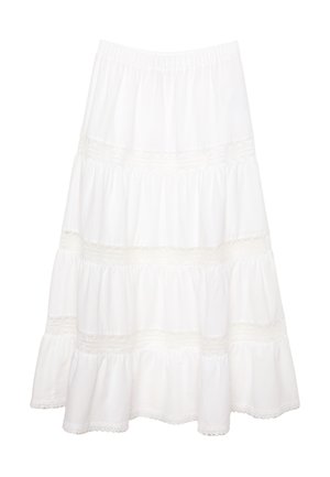 Gonna bianca a strati realizzata in tessuto leggero, con dettagli in pizzo alle cuciture e una cintura elasticizzata per il massimo comfort.
