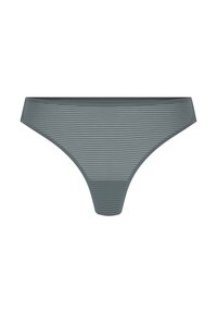 Soutien-gorge string à rayures grises, fabriqué dans un tissu lisse et extensible, avec un design taille basse et des bords à couverture minimale.