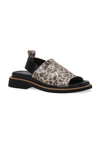 Luipaardprint slingback sandalen met open teen, zwarte rubberen zool en metalen afwerking. Zacht materiaal en gestructureerd ontwerp.
