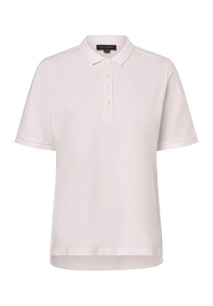 Weißes Poloshirt aus glattem Stoff, ausgestattet mit einem Kragen, kurzen Ärmeln und drei Knöpfen am Einsatz. Gerader Saum mit seitlichen Schlitzen.