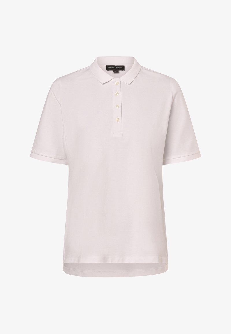 Weißes Poloshirt aus glattem Stoff, ausgestattet mit einem Kragen, kurzen Ärmeln und drei Knöpfen am Einsatz. Gerader Saum mit seitlichen Schlitzen.