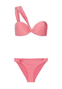 Růžový bikinový set s jedním ramínkem a detailem uzlu na topu, spolu s odpovídajícími spodními díly se zdobením na boku. Hladký, elastický materiál.