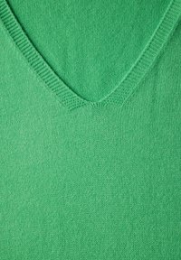 Grüner Strickpullover mit V-Ausschnitt-Design. Glatte Textur und gleichmäßige Nähte. Die Farbe ist lebhaft mit einem subtilen Melange-Effekt.