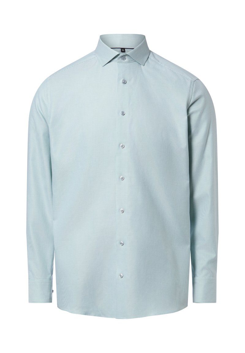 Camicia azzurro chiaro a maniche lunghe con colletto abbottonato, caratterizzata da un motivo a quadretti sottile e sei bottoni sul davanti, realizzata in tessuto intrecciato.