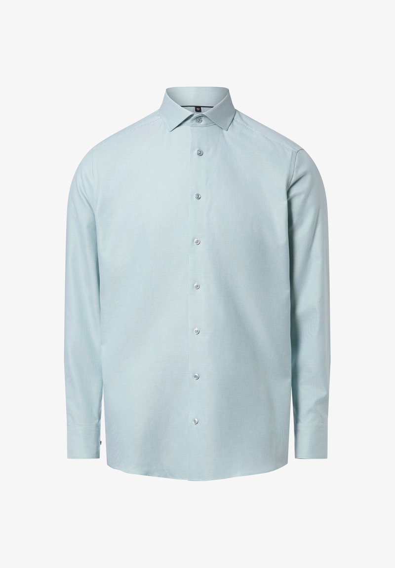 Camicia azzurro chiaro a maniche lunghe con colletto abbottonato, caratterizzata da un motivo a quadretti sottile e sei bottoni sul davanti, realizzata in tessuto intrecciato.