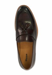 Brown leather loafers with tassel accents, smooth texture, rounded toe, and contrast stitching detail. Lining features a tan hue.