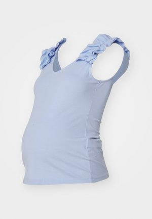 Light blue maternity top with V-neck, fitted shape, and ruffled accents on the shoulder straps. Soft cotton material with stretchy texture.