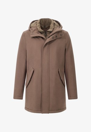 Brązowy długi płaszcz z odpinanym kapturem, dwoma bocznymi kieszeniami i gładką teksturą. Wewnętrzna podszewka ma jaśniejszy beżowy kolor.
