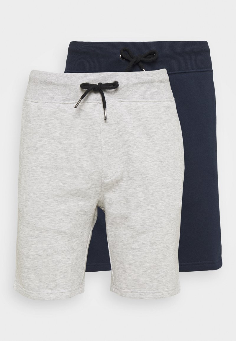 Two pairs of shorts: one light gray and one navy blue. Both feature elastic waistbands with drawstrings and are made of soft cotton material.