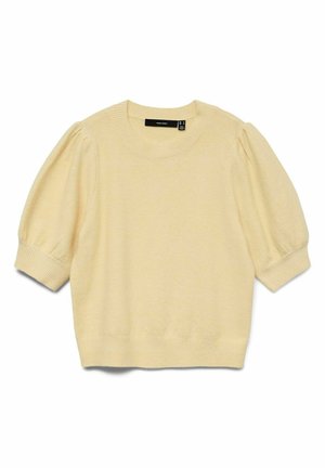 Suéter de punto amarillo claro de manga corta con mangas abullonadas, puños acanalados y escote redondo, colocado plano sobre un fondo blanco.