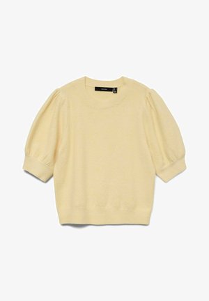 Pull tricoté jaune pâle à manches courtes bouffantes, bordures côtelées et encolure ronde, posé à plat sur un fond blanc.