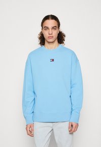 Sudadera de algodón azul claro con cuello redondo y puños de canalé, que presenta un pequeño logo bordado en rojo y negro en el pecho.