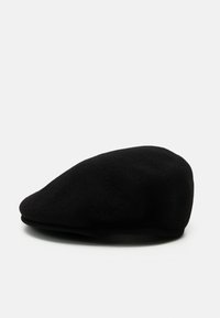 Beret negru din lână, cu o textură moale, formă rotundă și o margine ușoară. Prezintă un finisaj neted și un design clasic.