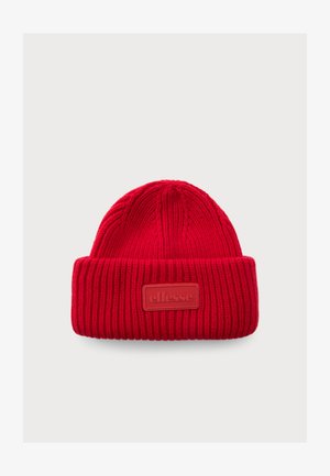 Red knitted beanie hat with a folded cuff featuring a rectangular patch labeled "ellesse" on a plain background.