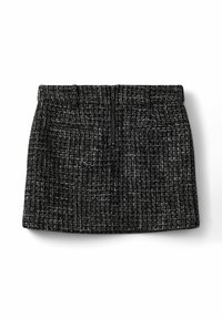 Sort tweed nederdel med et struktureret mønster, der har en skjult lynlås i ryggen og en struktureret talje. Kort og tætsiddende design.