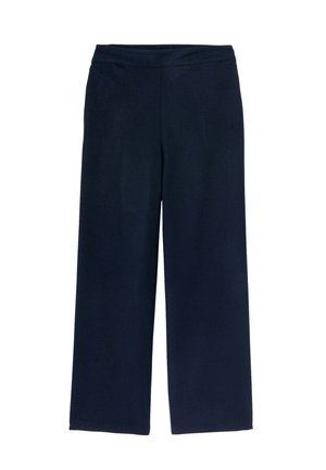 Pantalons larges en tissu bleu marine foncé, dotés d'une taille élastique et d'une texture lisse. La conception met l'accent sur le confort et la liberté de mouvement.