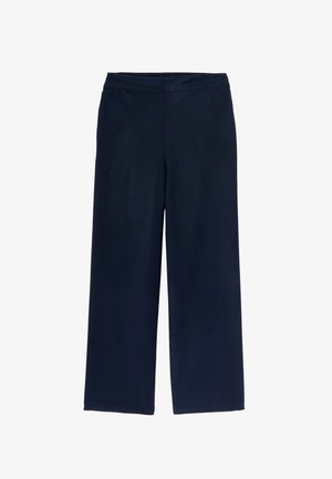 Pantalons larges en tissu bleu marine foncé, dotés d'une taille élastique et d'une texture lisse. La conception met l'accent sur le confort et la liberté de mouvement.