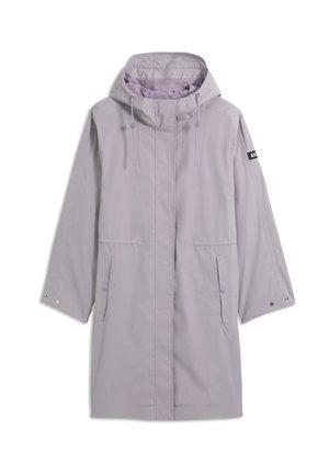 Impermeabile con cappuccio color lilla chiaro, con tasche frontali, lacci regolabili per il cappuccio e bottoni a pressione sulle maniche, con un piccolo logo nero sul braccio sinistro.