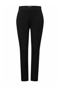 Leggings negros elaborados con una tela suave y elástica, con una cinturilla ancha y cómoda y un diseño delgado y ajustado. Textura suave sin patrones visibles.