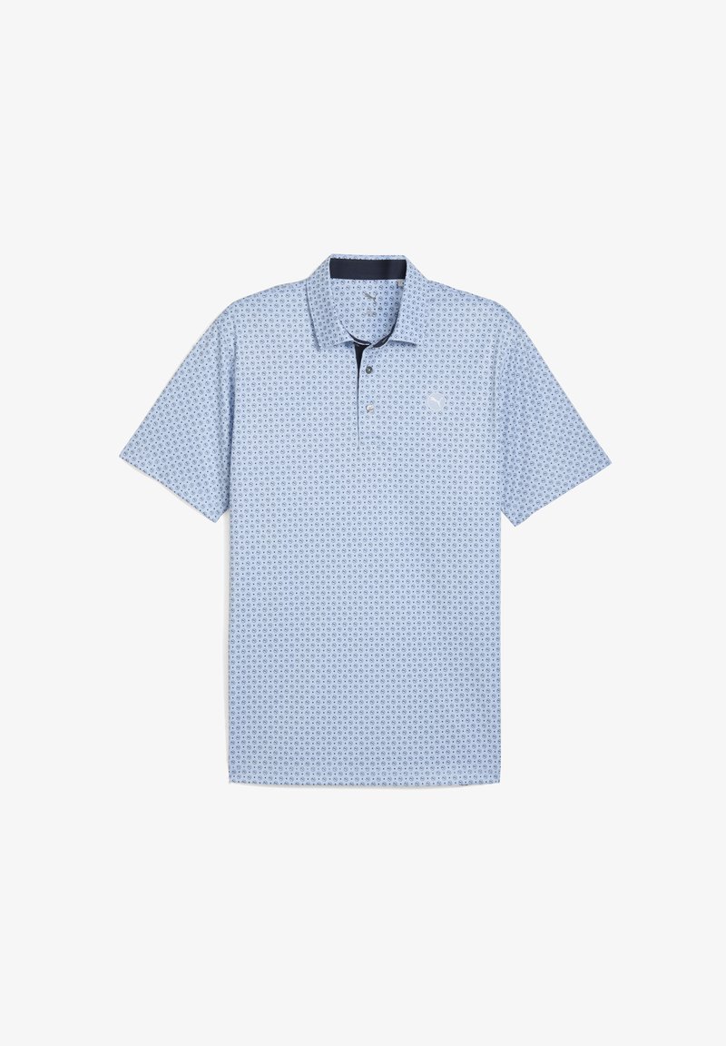 Polo shirt di colore azzurro chiaro caratterizzato da un motivo sottile di piccoli cerchi, con colletto e tre bottoni, logo del marchio sul petto.