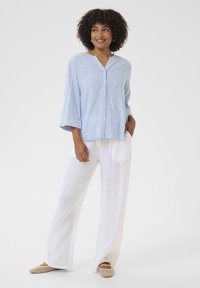 Chemise boutonnée rayée bleue et blanche à manches trois-quarts, associée à un pantalon en lin blanc ample et des chaussures slip-on beige clair.