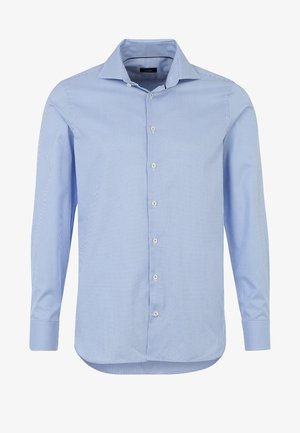 Camicia da uomo azzurro chiaro con motivo a microquadri bianchi, colletto ampio, davanti con bottoni e maniche lunghe con polsini abbottonati.