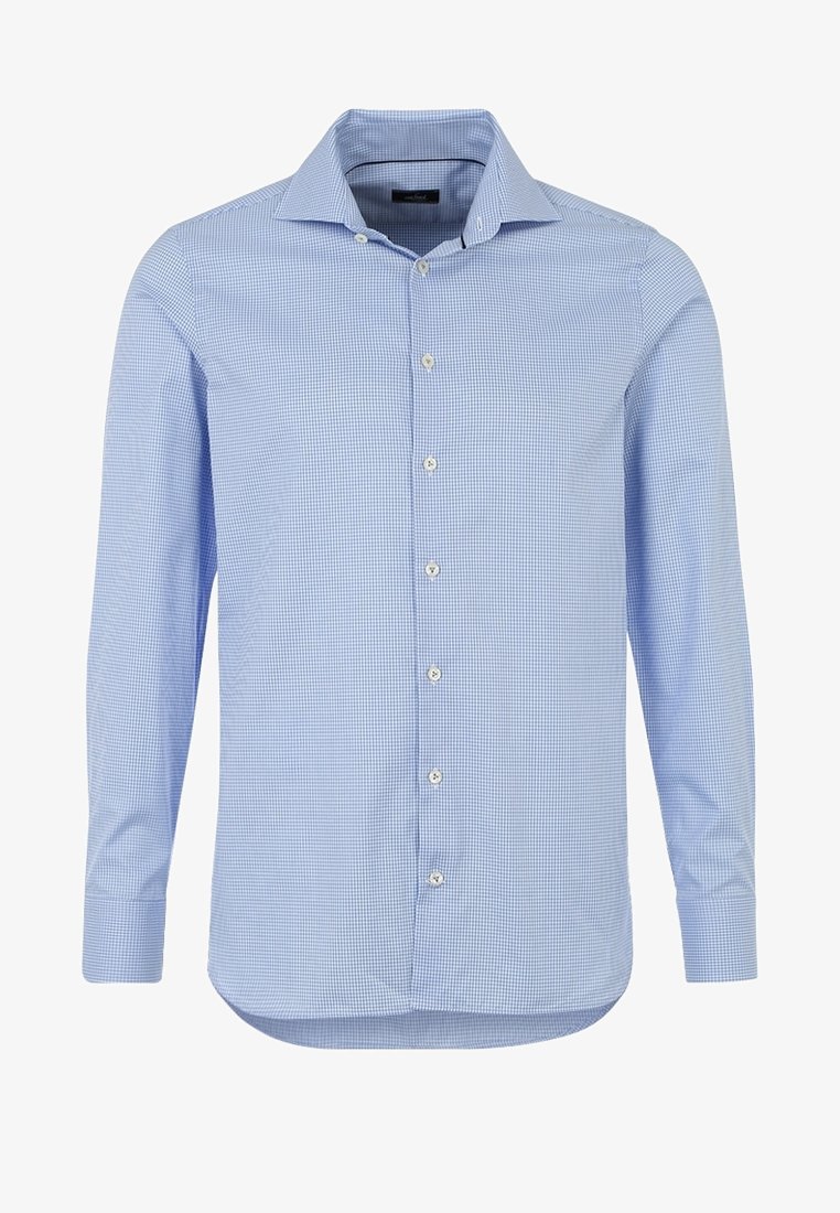 Chemise habillée homme bleu clair avec motif micro-carreaux blancs, col large, devant boutonné, manches longues avec poignets boutonnés.