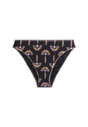 Slip bikini nero con motivi floreali a ventaglio rosa e beige e cuciture rosa a zigzag lungo i bordi, mostrato su sfondo bianco.