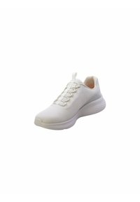Zapato deportivo ligero de color blanco con parte superior de malla texturizada, suela acolchada y cordones elásticos para un ajuste seguro.