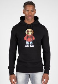 Zwarte hoodie van katoen, met een kleurrijke grafische afbeelding op de borst die een cartoonfiguur toont met de tekst "VERKEERDE VRIENDEN".