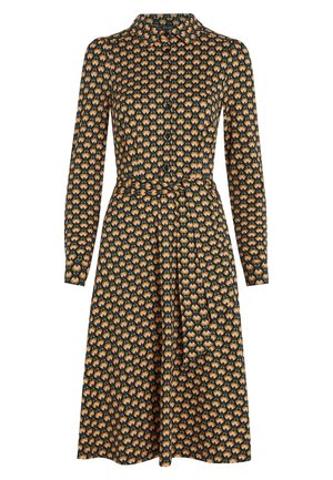 Long-sleeve dress made of patterned fabric featuring a dark background with orange and green shapes. Includes a collar and a waist belt.