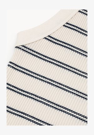 Sweter ściągaczowy w kolorze kremowym z granatowymi paskami. Posiada okrągły dekolt i teksturowany materiał, podkreślający pionowe linie i paski.