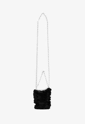 Black sequined handbag with a rectangular shape, featuring a silver chain strap and a textured surface made of overlapping discs.