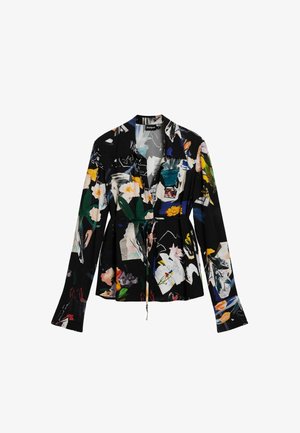 Langärmliges schwarzes Hemd mit bunten abstrakten Blumen- und Collage-Drucken, weiter Kragen und einem vorn zu bindenden Gürtel.