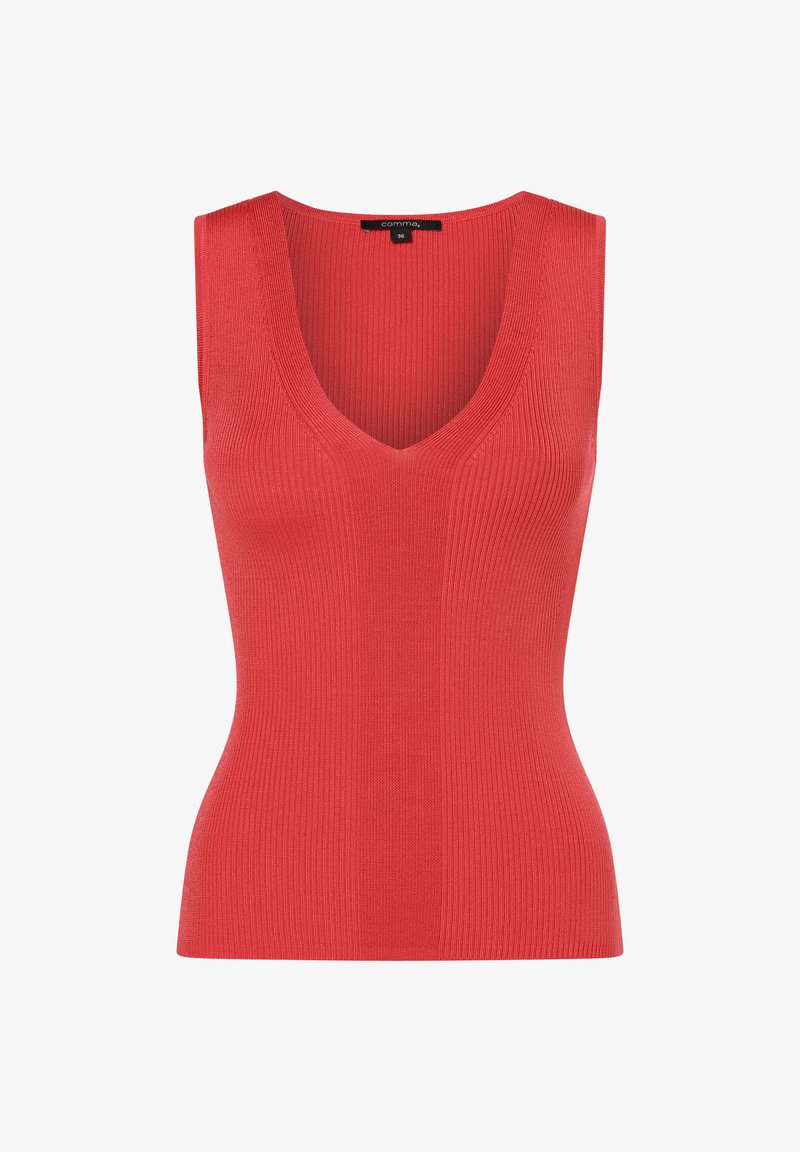 Czerwona, prążkowana bezrękawnik z dekoltem w kształcie litery V. Dopasowany krój, miękka tekstura i gładkie wykończenie. Marka: Comma, rozmiar 36.
