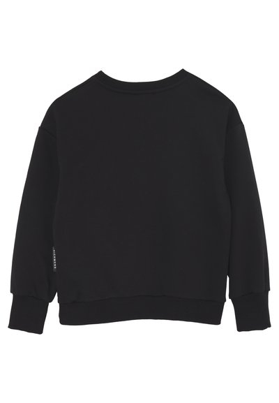 Felpa nera con scollo rotondo, maniche lunghe e polsini a costine. Materiale morbido, design semplice, con un piccolo etichetta logo sul lato.