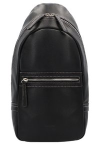 Sac à dos en cuir noir avec une finition texturée, doté d'une fermeture éclair supérieure et d'une poche zippée à l'avant. Détail de couture contrastante subtile.