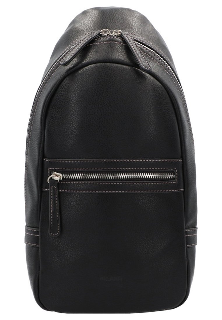 Sac à dos en cuir noir avec une finition texturée, doté d'une fermeture éclair supérieure et d'une poche zippée à l'avant. Détail de couture contrastante subtile.