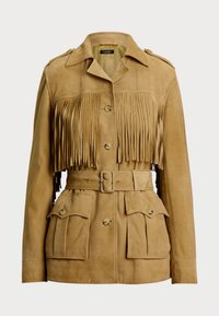 FRINGE TRIM BELTED GOAT SUEDE JACKET - Veste en cuir - camel
