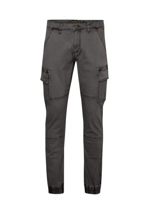 Pantalones cargo grises en un diseño ajustado, fabricados en denim, con bolsillos laterales, costuras texturizadas y dobladillos elásticos para un ajuste ceñido.